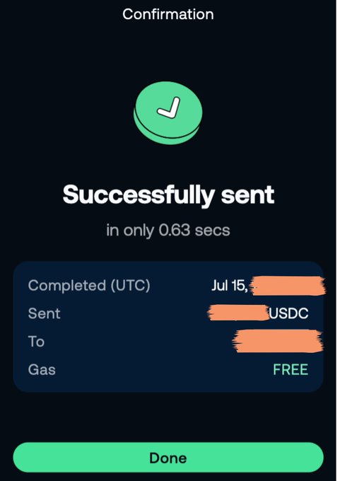A successful USDC transaction confirmation screen showing a completed transfer with "FREE" gas fees in 0.63 seconds, visually proving the post's point that sending stablecoins doesn't require paying gas. The image displays details like "Completed (UTC) Jul 15," "Sent [amount] USDC," and a green "Done" button at the bottom.