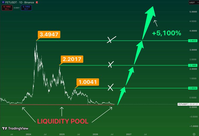 This chart shows the FETUSDT price action on a 1D Binance chart, indicating a "LIQUIDITY POOL" and projected price targets of $1.0041, $2.2017, and $3.4947, with a potential +5,100% increase.