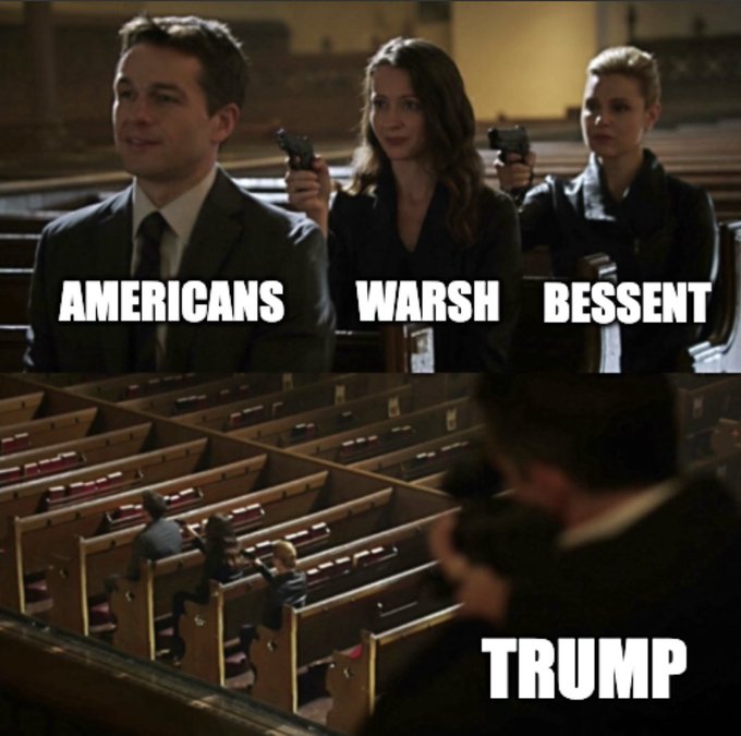 A two-panel meme from Person of Interest showing armed people labeled 'AMERICANS,' 'WARSH,' and 'BESSENT' facing a sniper labeled 'TRUMP' aiming at them from a church balcony.
