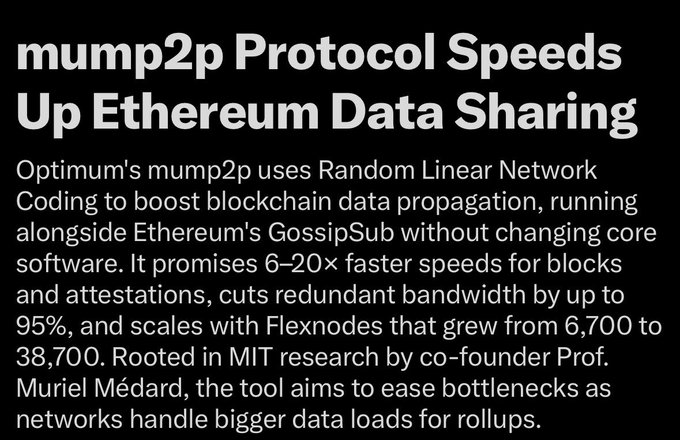 A black text slide titled 'mump2p Protocol Speeds Up Ethereum Data Sharing' explaining how Optimum's mump2p uses Random Linear Network Coding alongside GossipSub for 6–20x faster block and attestation propagation, with roots in MIT research by Prof. Muriel Médard.