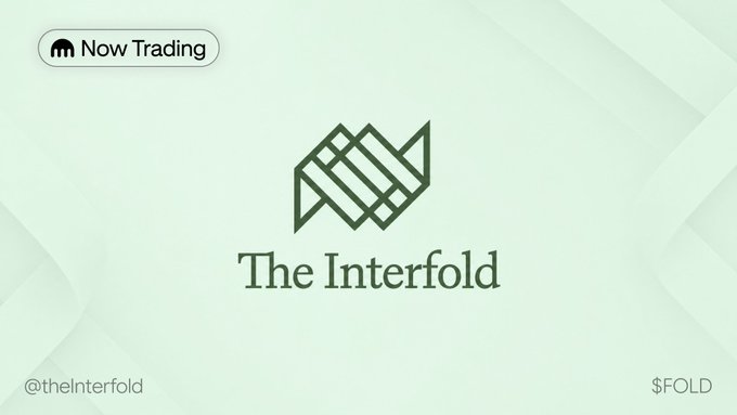 A promotional graphic with a soft green background displays "Now Trading" in a badge at the top left, alongside "The Interfold" logo and branding, with "@theInterfold" in the bottom left and the ticker "$FOLD" in the bottom right, marking the token's launch on Kraken's Pro platform for trading.