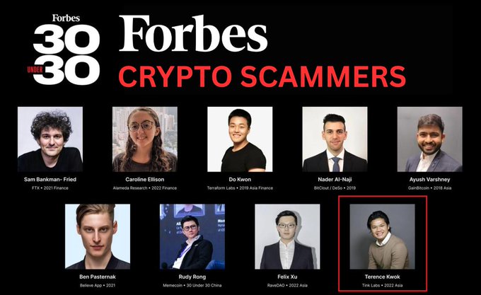 The image features a poster for Forbes 30 Under 30, which is an article about crypto scammers. The poster includes a list of names and descriptions of people who have been identified as crypto scammers by Forbes. One person's name stands out - they are described as "Trista Skook".