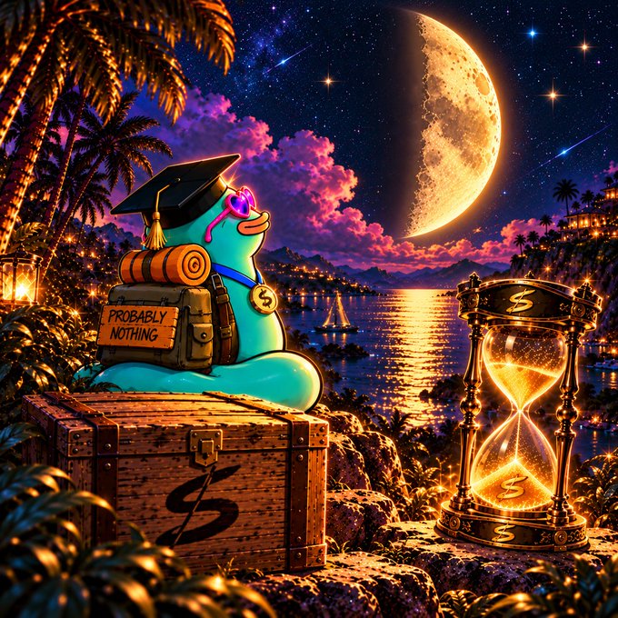 A vibrant, surreal digital artwork showing a turquoise snail wearing a graduation cap and backpack labeled "PROBABLY NOTHING", sitting on a treasure chest next to an hourglass against a starry night sky with a large crescent moon.