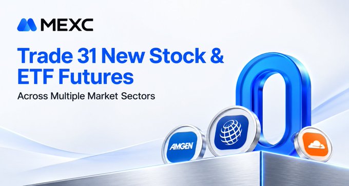 A MEXC promotional banner advertising 'Trade 31 New Stock & ETF Futures Across Multiple Market Sectors,' featuring tokens labeled AMGN alongside blue and orange icons.