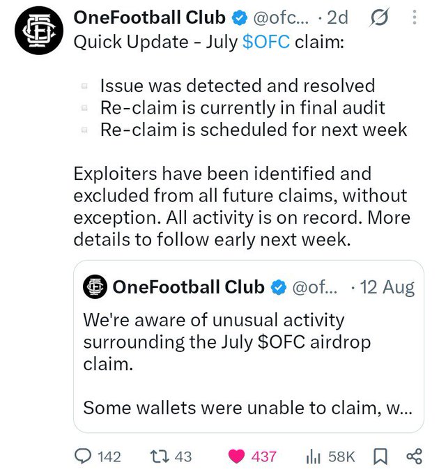 A tweet from verified OneFootball Club (@ofc...) provides a quick update on the July $OFC airdrop claim, stating the issue was resolved, a re-claim is in final audit, and exploiters have been identified and excluded from future claims.