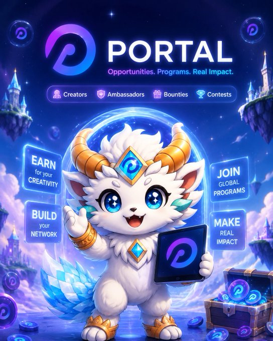 A promotional graphic for 'PORTAL - Opportunities. Programs. Real Impact.' featuring a cute white dragon-like mascot with horns holding a tablet, surrounded by floating feature panels for Creators, Ambassadors, Bounties, and Contests.