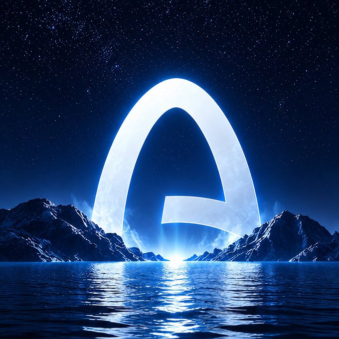 A glowing blue letter "A" rises like a crescent moon over a serene mountain lake under a starry night sky, its reflection shimmering on the water below. The luminous emblem evokes a sense of untapped potential and cosmic significance, visually reinforcing the suggestion that "Arc" is an undervalued project waiting to shine.