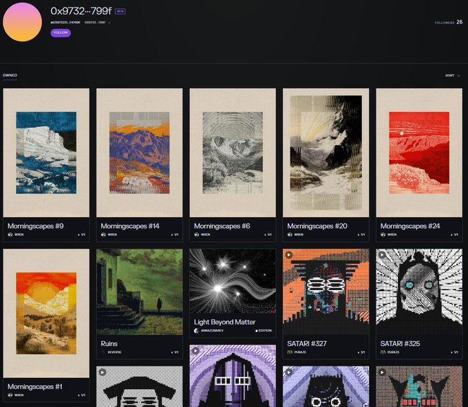 A digital art marketplace interface titled '0x9732...799F' displaying a collection of pixel art landscapes in the 'Morningscapes' series and various character portraits.