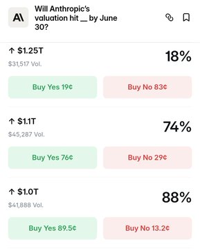 The image displays a smartphone screen showing three options for investment opportunities, two of which are priced at 9.85T each (anthropic or polymarket) while one option costs 13.9T (buy no 13.2). The remaining option is priced at 1.85T (buy no 13.2), with the price changing between 8% and 88%. The screen also provides information about a valuation hit on the anthropic investment, an upward-moving stock chart, and information regarding the buyer's decision to buy or sell.