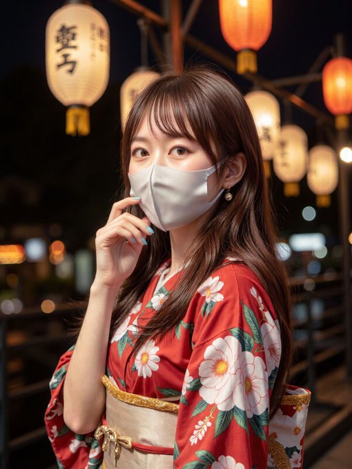 A young woman with long brown hair wears a red floral kimono and a light gray face mask, posing at night beneath glowing paper lanterns that display Japanese characters.

The caption fits the "Morning bit" post as a candid, lifestyle-style snapshot capturing a serene, intimate moment during a cultural outing.