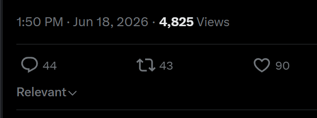 A screenshot of a social media page showing an upwardly sloping line with a black background. Below, there is text that reads "1:50 PM", "July 18, 2026", "4,823 views", "44 positive reactions", "93 relevant", and an exclamation mark.