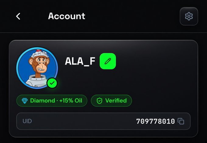 The image shows an account profile for "ALA_F" on what appears to be the Kiedex platform, displaying a Diamond tier status with "+15% Oil" benefits and a verified checkmark, with UID 709778010. This visual evidence directly supports the post's claim of finally reaching Diamond tier while competing on the leaderboard.
