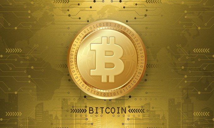 A graphic featuring a golden Bitcoin coin with binary code around its edge, set against a circuit board pattern background with the word "BITCOIN" at the bottom.