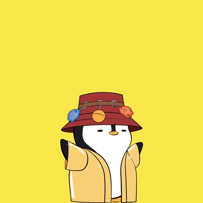 An illustration of a penguin wearing a beige coat and a red bucket hat adorned with fish charms, set against a solid yellow background.