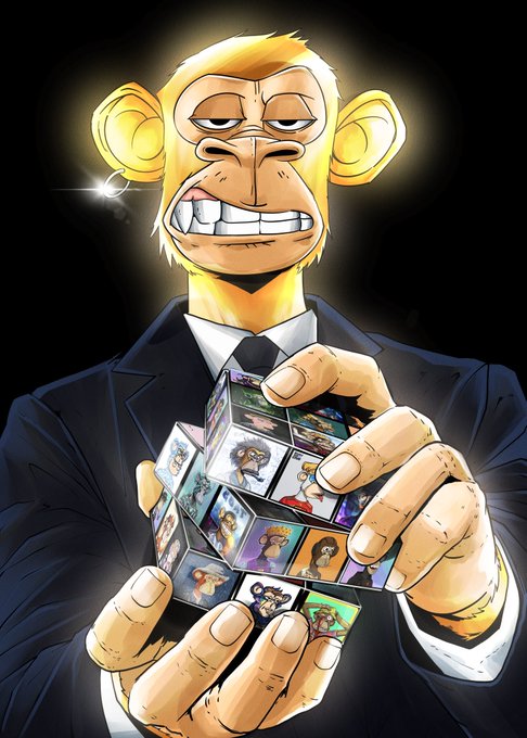 A stylized, cigar-smoking ape in a suit, a parody of "Scarface," holds a Rubik's Cube covered in Bored Ape Yacht Club NFT portraits, symbolizing the enduring dominance of the BAYC collection amid the rise and fall of other NFT projects. The image reinforces the post's message that apes have stood the test of time, while countless other crypto ventures have faded away.