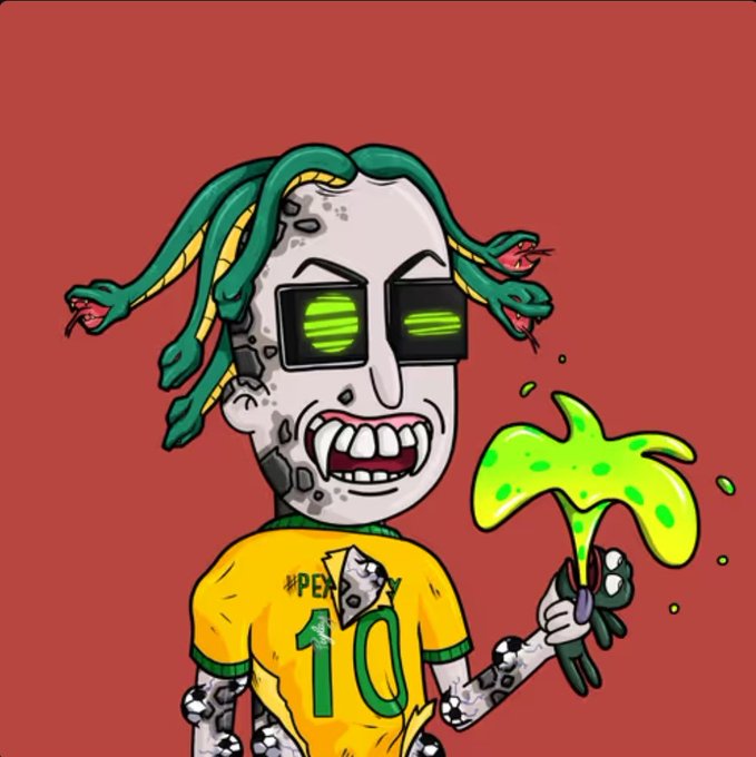 The image features a cartoon character with green eyes, wearing a yellow shirt that has "10" printed on it. The character also has a snake head and two snakes wrapped around their neck. They are holding a green liquid or substance in one hand while using the other hand for balance. The background of the image is red, which contrasts with the cartoon character's appearance. There is no text present in the image.