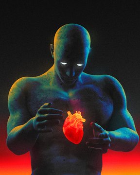 A stylized digital artwork shows a bald, muscular humanoid figure with glowing white eyes holding an anatomical heart that emits bright orange and red light against a dark background.