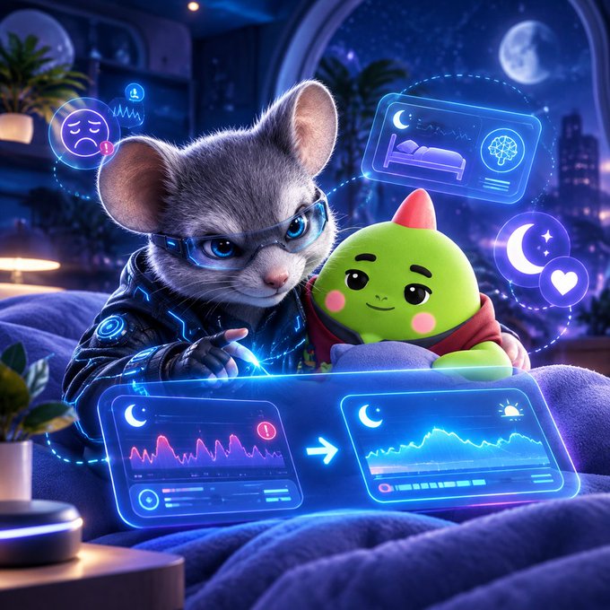 A cute gray mouse and a green character wearing futuristic glasses look at glowing holographic sleep-tracking data in a bedroom with a starry night sky visible through the window.