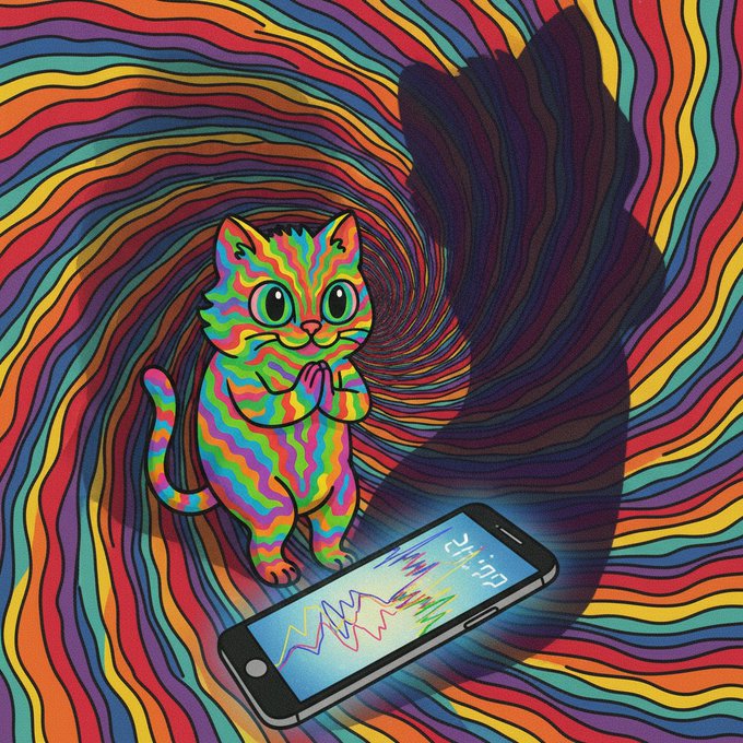 Vibrant, psychedelic artwork featuring a rainbow-patterned cat standing next to a smartphone displaying a colorful line chart, with the cat's dark silhouette looming in the background.