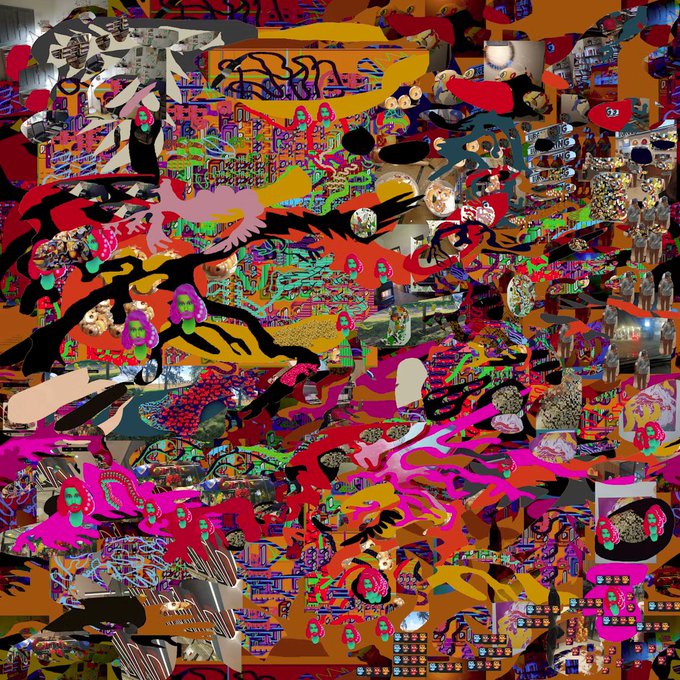 An abstract, highly colorful collage artwork filled with chaotic patterns, images, and vibrant pinks, oranges, yellows, and blacks.