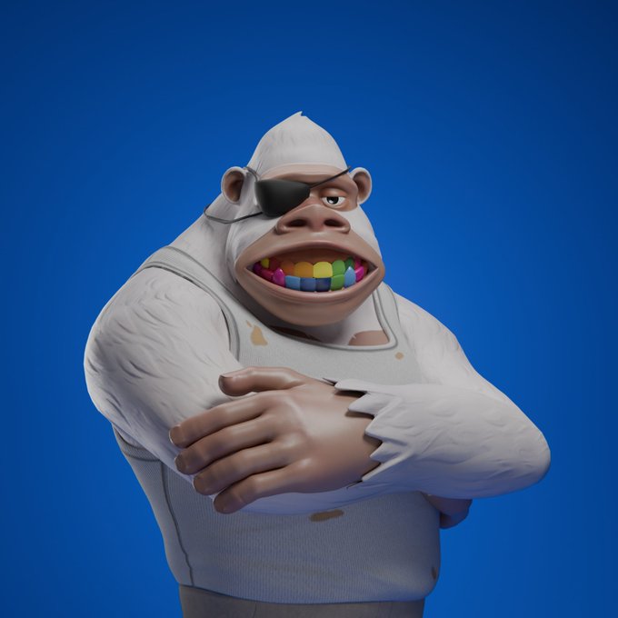 A 3D digital render of a gorilla wearing a white tank top and a white cloth hood, featuring an eyepatch over its right eye and a mouth full of rainbow-colored teeth, against a blue background.