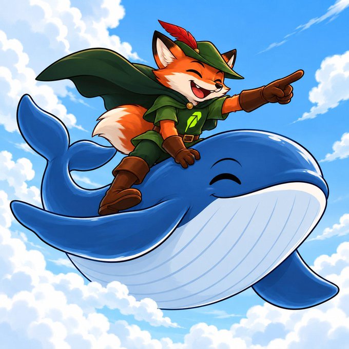 A cheerful digital illustration of a fox character wearing a green Robin Hood-style outfit and cape, riding on the back of a flying blue whale through clouds.