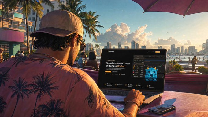 A man in a palm-tree patterned shirt and cap trades crypto on a laptop at a beachfront café overlooking a coastal city skyline. The laptop screen displays "Trade Real-World Assets and Crypto Creatures" on the Canborsa DEX platform, with market data showing ETH at $2,272 and other token prices, matching the post's mention of going long on $ETH, $MON, and $CC.
