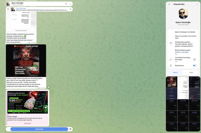 A split-screen Telegram interface showing the channel "Eylem Cüküroğlu" with 37,925 subscribers, featuring posts about YouTube earnings, ABD-Iran conflict warnings, and a Binance referral promotion.