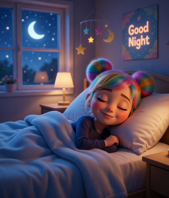 The image features a cartoon girl with rainbow hair sleeping peacefully in her bed, surrounded by stars and a moon. The caption of the image reads "Good night @sleepagotchi" which is related to the concept of sleep tracking and improving one's sleep routine through habit consistency and lifestyle balance.

The post also discusses how to improve your sleep habits using the sleep agora app, which can be accessed by following the link provided in the caption. The image serves as a visual representation of the importance of maintaining healthy sleep patterns for overall well-being.