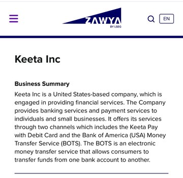 A webpage from Zawya displaying a business summary for Keeta Inc, describing it as a U.S.-based financial services company offering banking and payment services to individuals and small businesses through two channels: Keeta Pay with Debit Card and the Bank of America (USA) Money Transfer Service (BOTS). The caption highlights Keeta Inc.'s role as the blockchain partner behind the Bank of America's earlier, largely unnoticed blockchain-based banking application mentioned in the post.