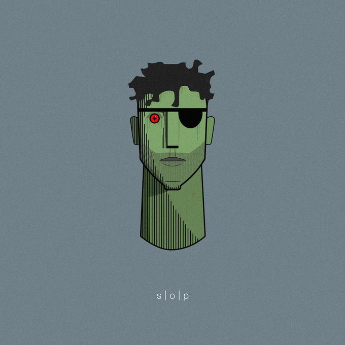 A minimalist cartoon drawing of a green-skinned figure with an eyepatch and a red eye, set against a gray background, with the text 's l o l p' at the bottom.