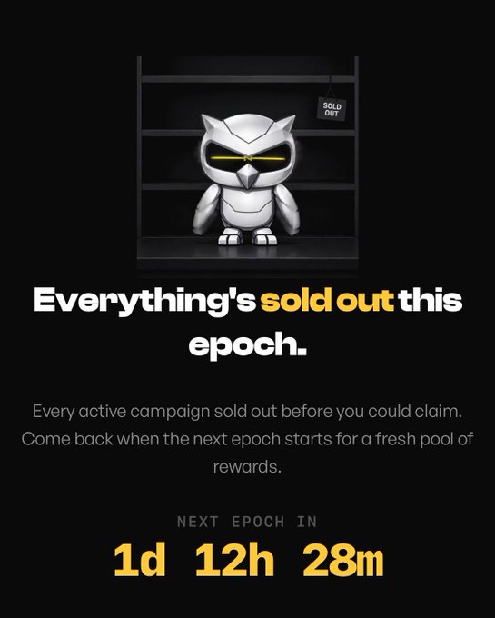 The image features a poster for an event, with a white owl sitting atop a bookshelf. The poster includes text that reads "Everything's Sold Out This Epoch" and "Next Epoch In". There are also numbers on the poster indicating the time of the event, which is at 1:12 pm.