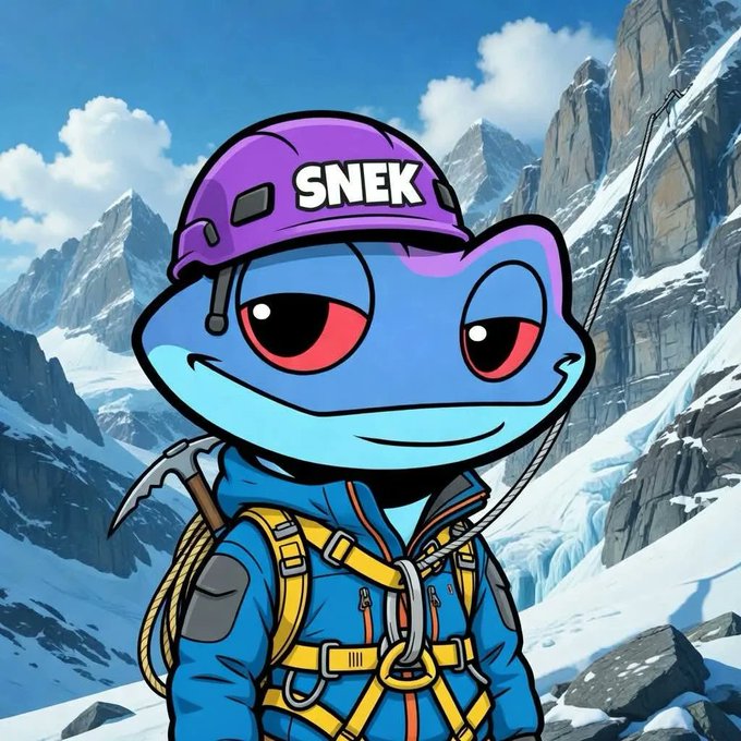 A cartoon blue snake wearing a purple helmet labeled "SNEK" and blue mountaineering gear with a climbing harness and ice axe, set against a snowy mountain backdrop, tying into the daily $snek meme theme promoting snekculture.com.