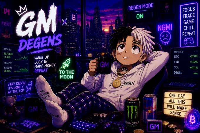 A vibrant digital illustration featuring anime-style text 'GM x DEGENS' with an anime character holding a 'GM' mug, surrounded by crypto trading screens showing BTC and ETH prices and motivational phrases like 'WAKE UP LOCK IN MAKE MONEY REPEAT' and 'TO THE MOON'.