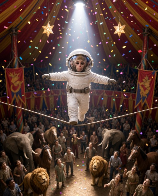 A whimsical AI-generated illustration shows a monkey in an astronaut suit balancing on a tightrope inside a circus tent, surrounded by a crowd of people, elephants, horses, and lions under falling confetti.