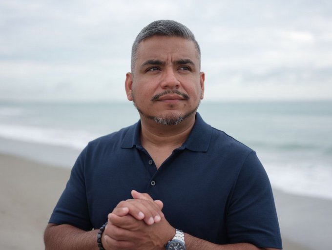 The image features a man standing on a beach with his hands clasped together. He appears to be looking off into the distance, possibly lost in thought or daydreaming. The background of the photo shows an ocean view, adding to the serene atmosphere of the scene. There is no text present in the image, and it does not seem to have any connection to a post on social media.