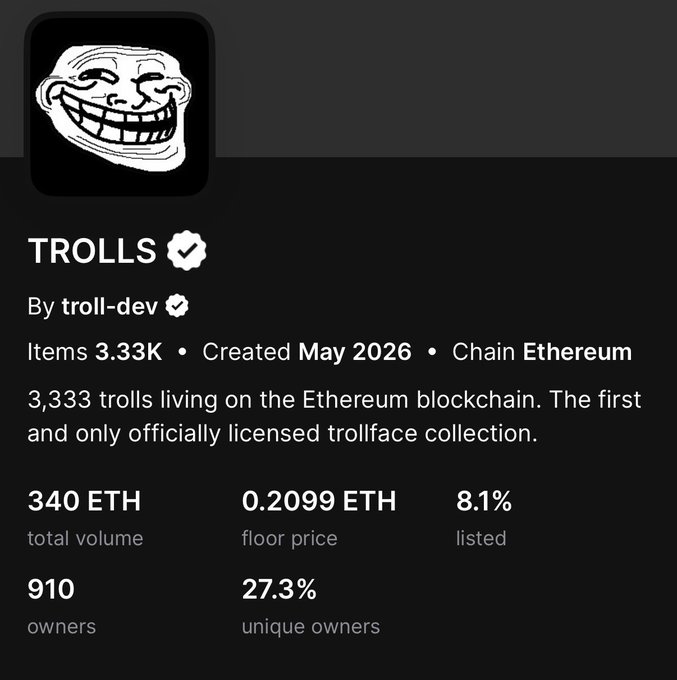 The image shows a black background with white text. The main focus of the image is an explanation about the cryptocurrency called "Trolls" which has been created by a troll-developper named Troll-deV. The post also mentions that there are 3,333 trolls living on the Ethereum blockchain and that it was created in May 2026. It also states that the first official Trollface collection will be released soon.
