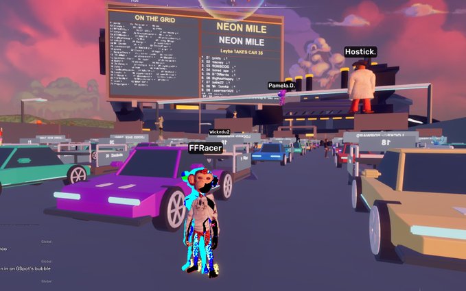 A screenshot of a virtual 3D environment, likely Decentraland, showing an avatar labeled 'FFRacer' standing among stylized cars with a large screen displaying 'NEON MILE'.