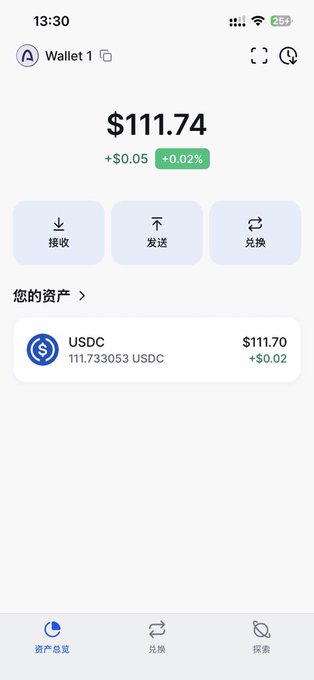 A screenshot of a minimalist crypto wallet interface showing a total balance of $111.74 (+$0.05, +0.02%) in Wallet 1, containing 111.733053 USDC valued at $111.70 (+$0.02), with simple options to receive (接收), send (发送), and swap (兑换). The clean, uncluttered design reflects the post's appreciation for Backpack wallet's straightforward approach to being "just a wallet" without flashy features.