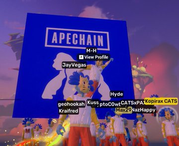 A screenshot from a video game featuring a blue billboard with the text 'APECHAIN' and several player usernames like 'JayVegas' and 'Hyde' floating above animated characters.