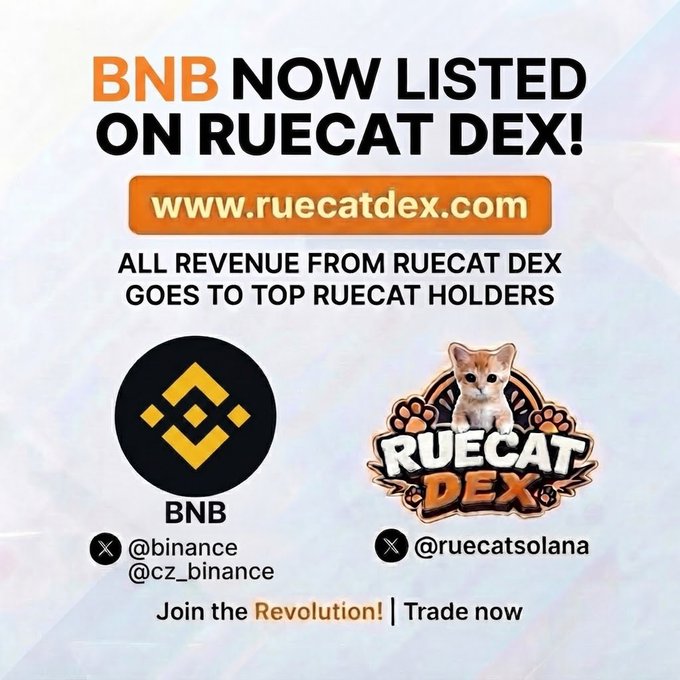 A promotional graphic announces 'BNB NOW LISTED ON RUECAT DEX!' at www.ruecatdex.com, claiming 'ALL REVENUE FROM RUECAT DEX GOES TO TOP RUECAT HOLDERS,' featuring logos for BNB and Ruecat DEX along with X handles @binance, @cz_binance, and @ruecatsolana.