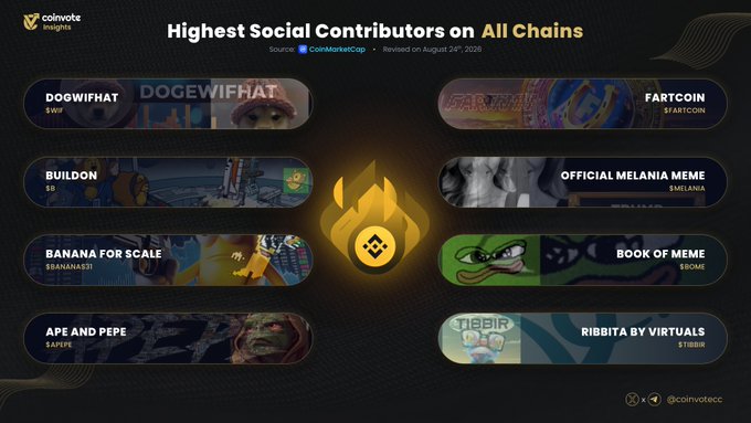 The image is an infographic titled "Highest Social Contributors on All Chains" from CoinMarketCap, listing meme coins including DOGEWIFHAT ($WIF), FARTCOIN ($FARTCOIN), BUILDON ($B), OFFICIAL MELANIA MEME ($MELANIA), BANANA FOR SCALE ($BANANASS31), BOOK OF MEME ($BOME), APE AND PEPE ($APEPE), and RIBBITA BY VIRTUALS ($TIBBIR). It supports the post by visually highlighting APE AND PEPE ($APEPE) among the top social contributors, illustrating its growing presence in the meme coin space.
