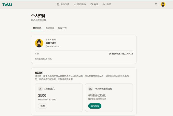 A user profile page on the "Tutti" platform shows a user named "算法小战士" (@realKidous) with a self-set price of $500 for "X 原创推文" (X original posts) and an auto-matched price for YouTube custom videos. The image illustrates the user's concern about whether their manually set $500 price for X posts is too high for taking on orders.