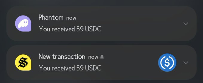 Two mobile notifications from the Phantom wallet confirm receipt of 59 USDC, supporting the user's joke about finally having crypto to cover their debts ("gbese").