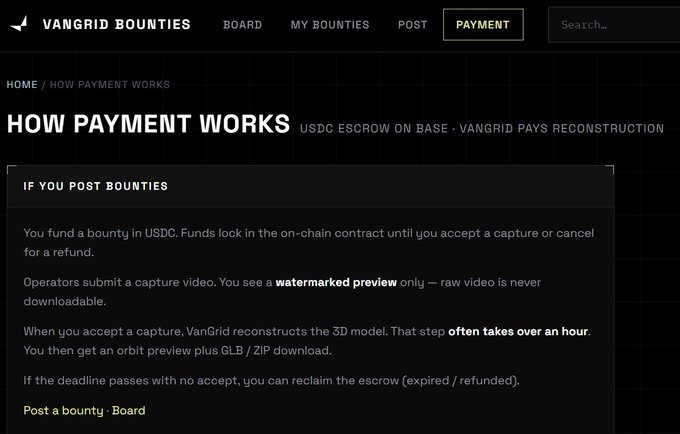 A webpage titled "HOW PAYMENT WORKS" under the "VANGRID BOUNTIES" header, explaining that "USDC ESCROW ON BASE • VANGRID PAYS RECONSTRUCTION" and detailing the capture and refund process.