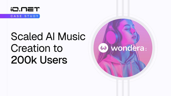 In this image, there's a woman sitting down with her headphones on while wearing a pink top. She appears to be listening to some music or possibly an audiobook. The background of the image has different shades of purple and blue colors, creating a visually appealing scene. On the left side of the image, there is text that reads: "Scaled AI Music Creation to 200k Users", indicating that it's an AI-generated album creation platform.