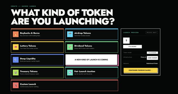 Screenshot of a 'Create // Guided Launch' page titled 'WHAT KIND OF TOKEN ARE YOU LAUNCHING?' with token options like 'Buybacks & Burns', 'Airdrop Tokens', and 'Liquidity Tokens', alongside a 'Launch Preview' panel for token '?' on Base Chain (Testnet).