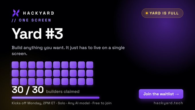 A promotional graphic for 'HACKYARD // ONE SCREEN' displaying 'Yard #3' with text 'Build anything you want. It just has to live on a single screen.' showing 30/30 builders claimed, marked 'YARD IS FULL' with a 'Join the waitlist' button for hackyard.tech.