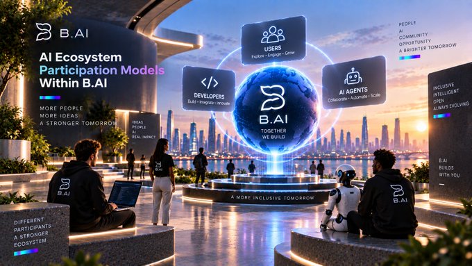 A promotional image for 'B.AI' showing an 'AI Ecosystem Participation Models' diagram with Users, Developers, and AI Agents orbiting a central globe, set in a futuristic cityscape.