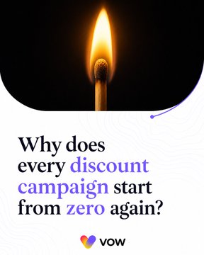A lit match above the text "Why does every discount campaign start from zero again?" with the VOW logo beneath. The image visually represents "Promotional Entropy"—the burnt-out, zero-sum nature of one-off discounts—reinforcing the post's argument that retailers waste trillions because each campaign is consumed rather than compounded, a problem VOW's reserve layer aims to solve.